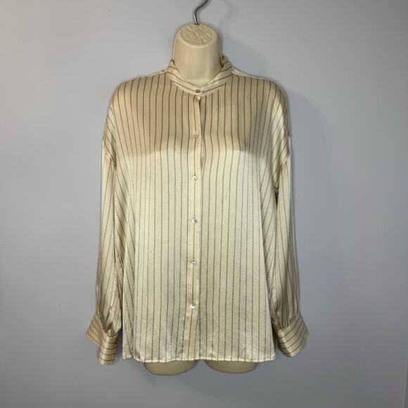 Vince Silk Striped Cream Long Sleeve Shirt Elegant Minimalist Women's S - Picture 1 of 11